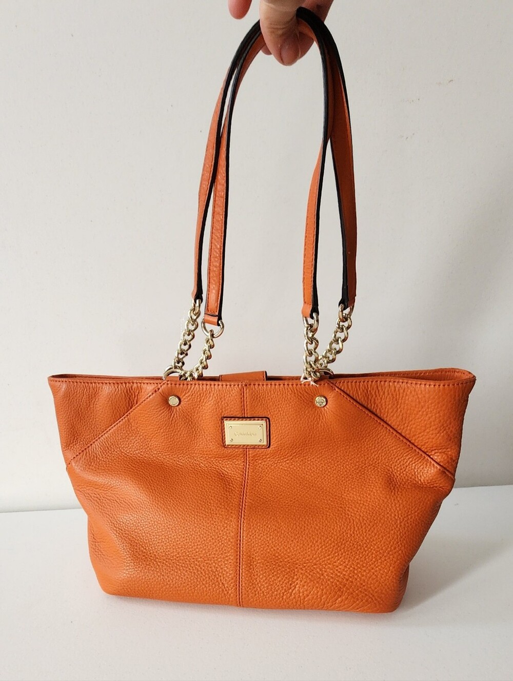Orange Leather Tote Bag with Chain-Strap Handles